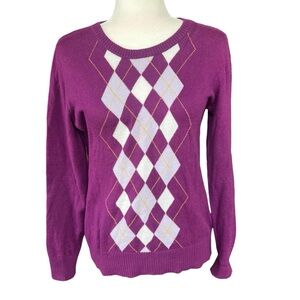 Y2K Vintage Eggplant Purple Argyle Crewneck sweater Rabbit Wool Blend Size M